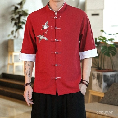 Tang Áo Sơ Mi Nam Mùa Hè Trung Quốc Cách Cần Cẩu Mỏng Thêu Khóa Linen 3/4 Tay 2 Tang Áo Sơ Mi Nam Mùa Hè Trung Quốc Cách Cần Cẩu Mỏng Thêu Khóa Linen 3/4 Tay 2