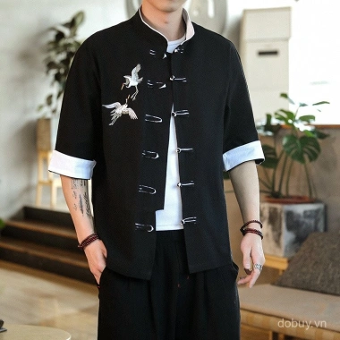 Tang Áo Sơ Mi Nam Mùa Hè Trung Quốc Cách Cần Cẩu Mỏng Thêu Khóa Linen 3/4 Tay 7 Tang Áo Sơ Mi Nam Mùa Hè Trung Quốc Cách Cần Cẩu Mỏng Thêu Khóa Linen 3/4 Tay 7