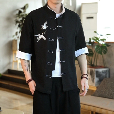 Tang Áo Sơ Mi Nam Mùa Hè Trung Quốc Cách Cần Cẩu Mỏng Thêu Khóa Linen 3/4 Tay 10 Tang Áo Sơ Mi Nam Mùa Hè Trung Quốc Cách Cần Cẩu Mỏng Thêu Khóa Linen 3/4 Tay 10