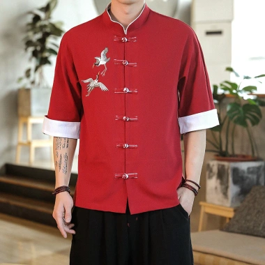 Tang Áo Sơ Mi Nam Mùa Hè Trung Quốc Cách Cần Cẩu Mỏng Thêu Khóa Linen 3/4 Tay 11 Tang Áo Sơ Mi Nam Mùa Hè Trung Quốc Cách Cần Cẩu Mỏng Thêu Khóa Linen 3/4 Tay 11