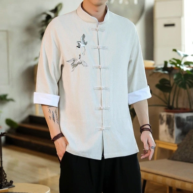 Tang Áo Sơ Mi Nam Mùa Hè Trung Quốc Cách Cần Cẩu Mỏng Thêu Khóa Linen 3/4 Tay 12 Tang Áo Sơ Mi Nam Mùa Hè Trung Quốc Cách Cần Cẩu Mỏng Thêu Khóa Linen 3/4 Tay 12