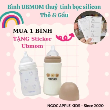 Tặng Sticker Bình sữa UB thủy tinh bọc silicon 180/240ml - Giá chỉ 505.000đ