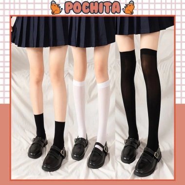 Tất bắp chân trơn Đen Trắng Lolita Học sinh Nhật Bản, ống dài qua đầu gối, 13.900đ