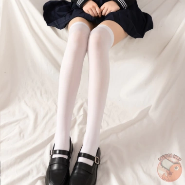 Tất bắp chân trơn Đen Trắng Lolita Học sinh Nhật Bản, ống dài qua đầu gối, 13.900đ