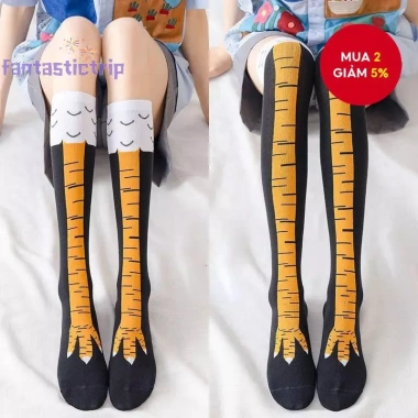 Tất chân gà hoạt hình 3D Unisex Cotton Over‑Knee ngộ nghĩnh - Đen/Cam