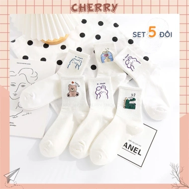 Tất cổ cao nữ cotton, set 5 đôi vớ hoạt hình dễ thương - Giá 46.000đ Cherry Shop