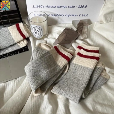 Tất cotton dày cổ điển mùa thu đông sọc tương phản cho nam nữ - Giá ưu đãi 36.583 4