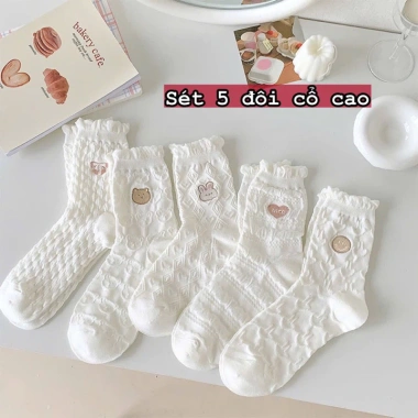 Tất trắng nữ 5 đôi, vớ cổ cao họa tiết dập nổi cotton dễ thương - Giá sỉ 69.700₫