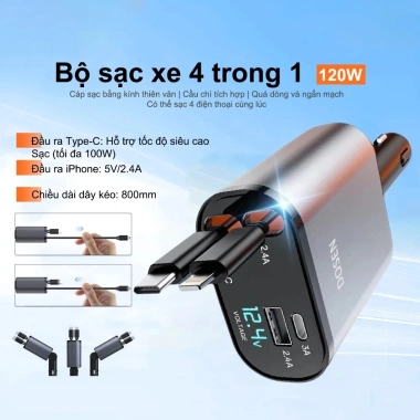 Tẩu Sạc Nhanh Ô Tô 120W 4-in-1 USB‑C cho Samsung & Huawei - Giá 140.000₫