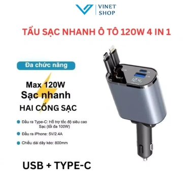 Tẩu sạc nhanh ô tô 120W 4 trong 1 USB Type-C - Sạc iPhone, Android, Tablet, Laptop nhanh, giá 139.000₫ 2