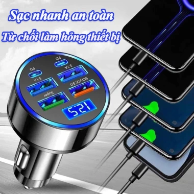Tẩu Sạc Ô Tô PD QC3.0 Đèn LED, 6 Cổng USB Type‑C, Sạc Đa Năng iPhone Android