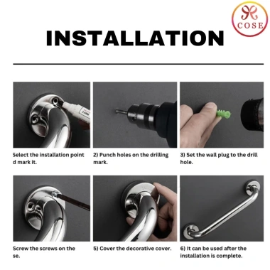 Tay vịn an toàn SUS304 thép không gỉ phòng tắm, bồn tắm, bồn cầu – giá treo khăn tường 6