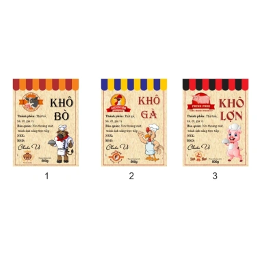 Tem dán đồ ăn vặt giấy nâu 6x8cm - Khô gà, bò, các loại - Mẫu in đẹp, giảm giá 20k