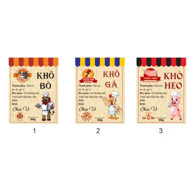 Tem dán đồ ăn vặt giấy nâu 6x8cm - Khô gà, bò, các loại - Mẫu in đẹp, giảm giá 20k