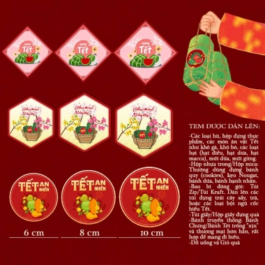 Tem dán hộp quà Tết - Sticker Tết đa dạng dưa hấu, bánh chưng, nhãn mứt, hạt, giá 19.500₫