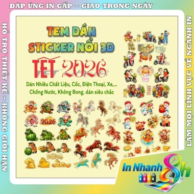 Tem Dán Sticker Tết 2.026 Nổi 3D - Chống Nước, Siêu Bền, Dán Chất Liệu, Giá 45k