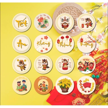 Tem decal dán Tết hình tròn 5x5 cm Set 50 miếng - Trang trí hộp bánh, kẹo, mứt 20.000₫