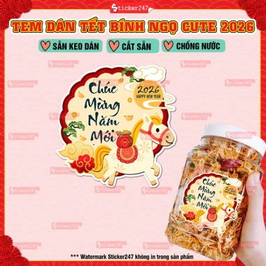 Tem Tết Bính Ngọ 2.026 Cute Con Ngựa Decal Nhãn Dán Chống Nước Trang Trí Hũ PET 17.219đ
