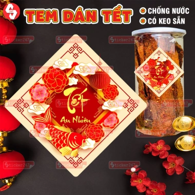 Tem Tết Cá Chép Hình Thoi Vàng - Decal Chữ Tết, Dán Hũ Quà, Chống Nước, Keo Sẵn - 21.5k