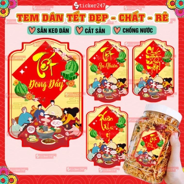 Tem Tết Chúc Mừng Năm Mới Hình Dọc Đong Đầy - Decal Dán Trang Trí Giỏ Quà, Bánh Mứt, Khô Tết, Giá 12.429 VND