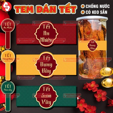 Tem Tết Dán Ngang Vầy Dán Hũ Thủy Tinh, Hộp Bánh Mứt Chống Nước, Keo, 21.500₫