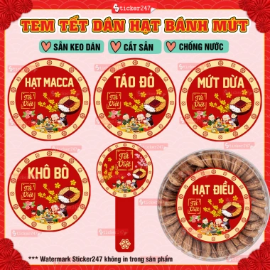 Tem Tết Việt Niêm Phong Hũ PET và Thủy Tinh - Decal Sang Dán Mứt, Bánh Kẹo, Hạt Dinh Dưỡng, Khô Bò Chống Nước - 12.5k