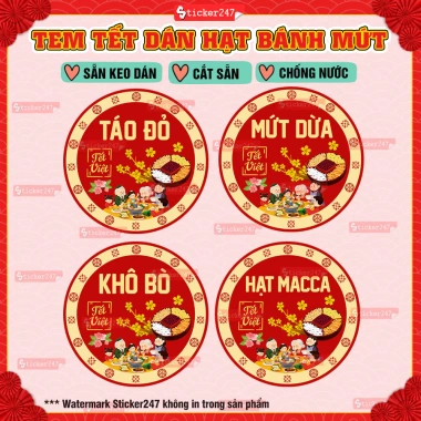 Tem Tết Việt Niêm Phong Hũ PET và Thủy Tinh - Decal Sang Dán Mứt, Bánh Kẹo, Hạt Dinh Dưỡng, Khô Bò Chống Nước - 12.5k