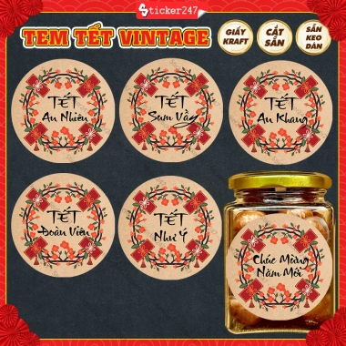 Tem Tết Vintage Giấy Kraft - Nhãn Dán Hũ Mứt, Hộp Quà Năm Mới, An Khang 24.5k