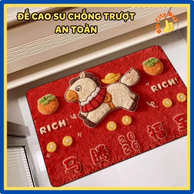 Thảm Chùi Chân Tết 2.026 Ngựa May Mắn - Êm, Thấm Nước, Đế Cao Su Chống Trượt 79.000