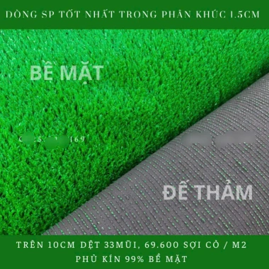 Thảm Cỏ Nhân Tạo 1.5cm Ngoài Trời - Siêu Mềm, Chống Thấm, Giá Giảm 104k