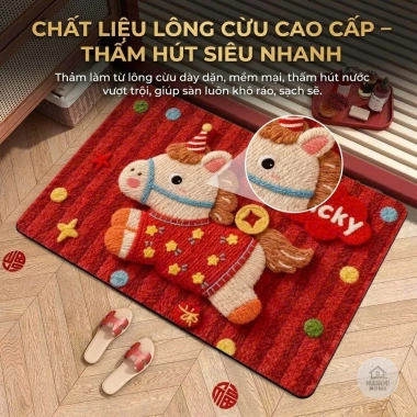 Thảm Lau Chân Lông Cừu 40x60cm Ngựa Đỏ May Mắn, Đế Silicon Thấm Hút - Giá 66.000đ