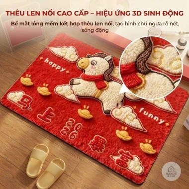 Thảm Lau Chân Lông Cừu 40x60cm Ngựa Đỏ May Mắn, Đế Silicon Thấm Hút - Giá 66.000đ