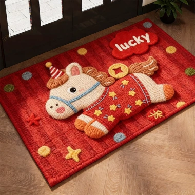 Thảm Lông Cừu Đỏ Hình Ngựa Lucky - Phong Thủy Đầu Năm, Thảm Lau Chân Mềm Mịn, 58.000 VNĐ 2