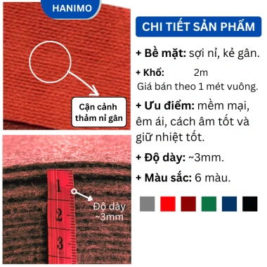 Thảm nỉ 3mm HANIMO HA22 - Chống thấm, chống trượt, decor phòng khách và văn phòng