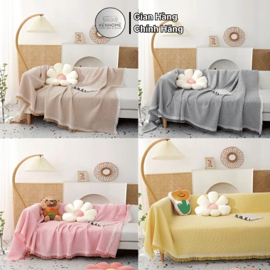 Thảm Picnic Bắc Âu Dễ Thương KENHOME - Khăn Trải Sofa Họa Tiết Màu Trơn, Ren Tua Rua, Giá ưu đãi 105.000 VND