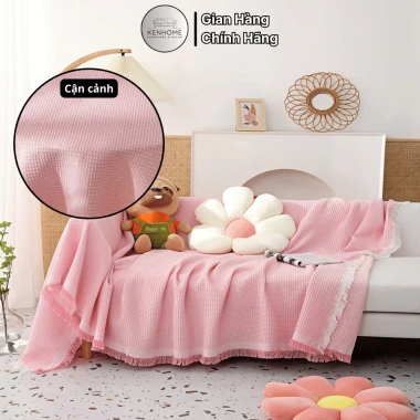 Thảm Picnic Bắc Âu Dễ Thương KENHOME - Khăn Trải Sofa Họa Tiết Màu Trơn, Ren Tua Rua, Giá ưu đãi 105.000 VND