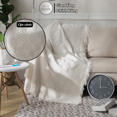 Thảm Picnic Bắc Âu Dễ Thương KENHOME - Khăn Trải Sofa Họa Tiết Màu Trơn, Ren Tua Rua, Giá ưu đãi 105.000 VND