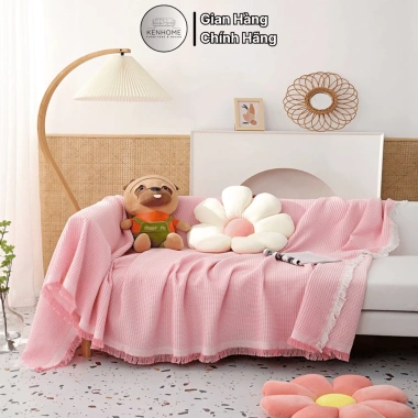 Thảm Picnic Bắc Âu Dễ Thương KENHOME - Khăn Trải Sofa Họa Tiết Màu Trơn, Ren Tua Rua, Giá ưu đãi 105.000 VND
