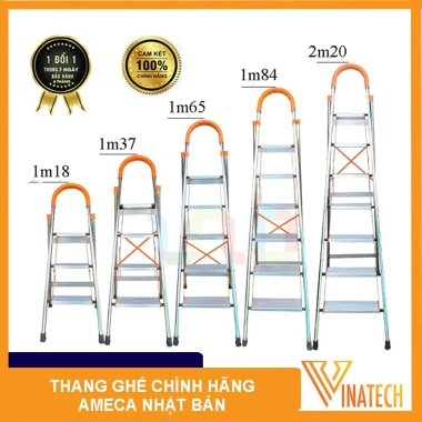 Thang INOX gấp gọn AMECA Nhật Bản - Mặt bậc nhôm đúc 3-7 bậc, nhẹ, chính hãng