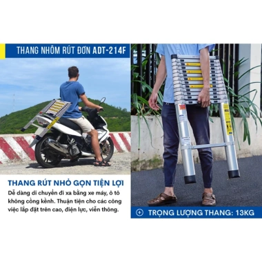 Thang nhôm rút 4.8M ADT212F đai nhôm cao cấp gấp gọn, khóa chốt tự động nhập khẩu - Giá ưu đãi 2.84tr