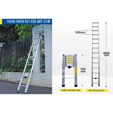 Thang nhôm rút 4.8M ADT212F đai nhôm cao cấp gấp gọn, khóa chốt tự động nhập khẩu - Giá ưu đãi 2.84tr