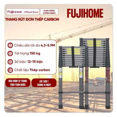 Thang rút đơn 2.7‑5.9m thép Carbon FUJIHOME nhập khẩu - Chữ I, khóa chốt an toàn, chân chống trơn trượt, giảm giá 780k