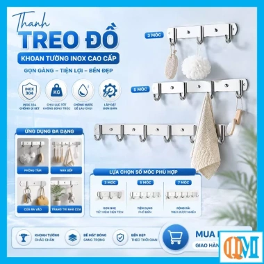 Thanh móc treo đồ inox 304 sáng bóng gắn tường tiện lợi 3-5-7 móc chỉ 22.000đ