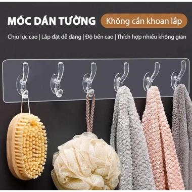 Thanh treo dán tường 6 móc dính, giá 16.000₫, thích hợp nhà tắm, bếp, tủ quần áo