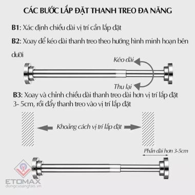 Thanh treo inox 304 treo rèm/quần áo không đục tường, lắp nhanh, giá 46.000₫