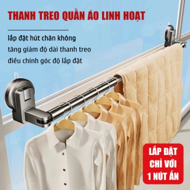 Thanh treo quần áo tăng giảm độ dài, lắp hút chân không, không dùng cho tường đá - Giá 130.820₫