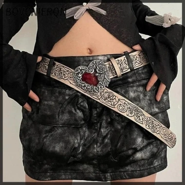 Thắt lưng nữ punk gothic da Y2K khóa trái tim đỏ đào, jean, giảm còn 88.880₫ 2