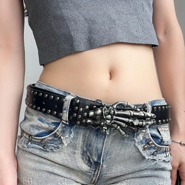 Thắt lưng punk skull da gothic đinh tán, điều chỉnh được, unisex 78.320₫