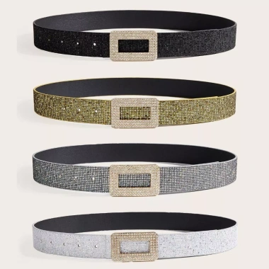 Thắt Lưng Sequin PU Rộng Khóa Vuông Kim Cương Phong Cách Punk Y2K cho Bé Gái