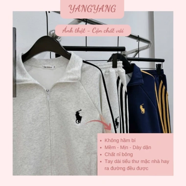 Thể Thao Nữ - Áo khoác cổ bẻ, quần dài lưng chun, dây chạy, nỉ bông, thêu ngựa 279k
